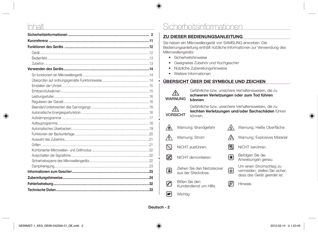 Samsung GE89MST-1/XEG manual Inhalt, Sicherheitsinformationen, ZU Dieser Bedienungsanleitung, Deutsch 