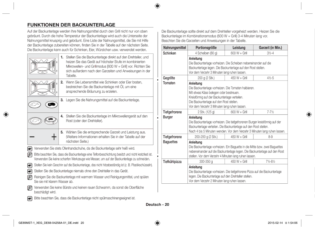 Samsung GE89MST-1/XEG manual Funktionen DER Backunterlage 