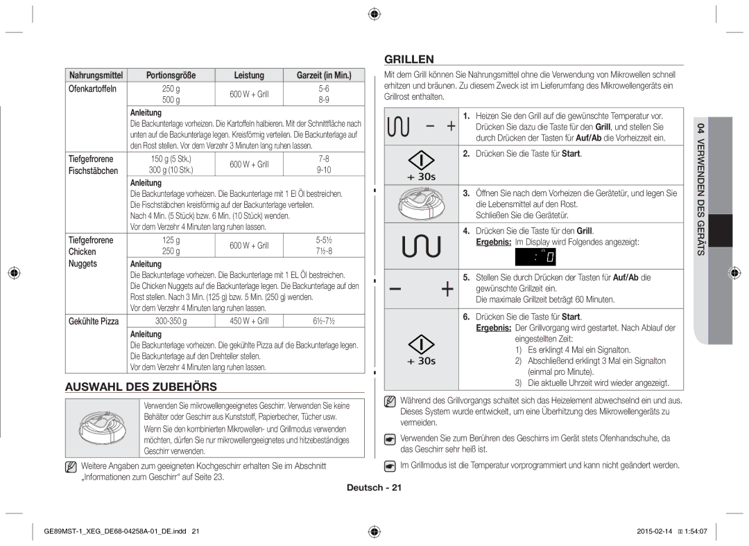 Samsung GE89MST-1/XEG manual Grillen, Auswahl DES Zubehörs, Portionsgröße Leistung 