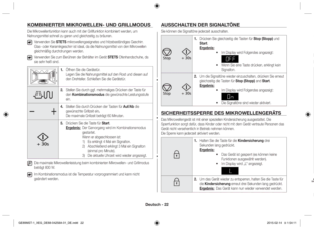 Samsung GE89MST-1/XEG manual Kombinierter MIKROWELLEN- UND Grillmodus, Ausschalten DER Signaltöne 