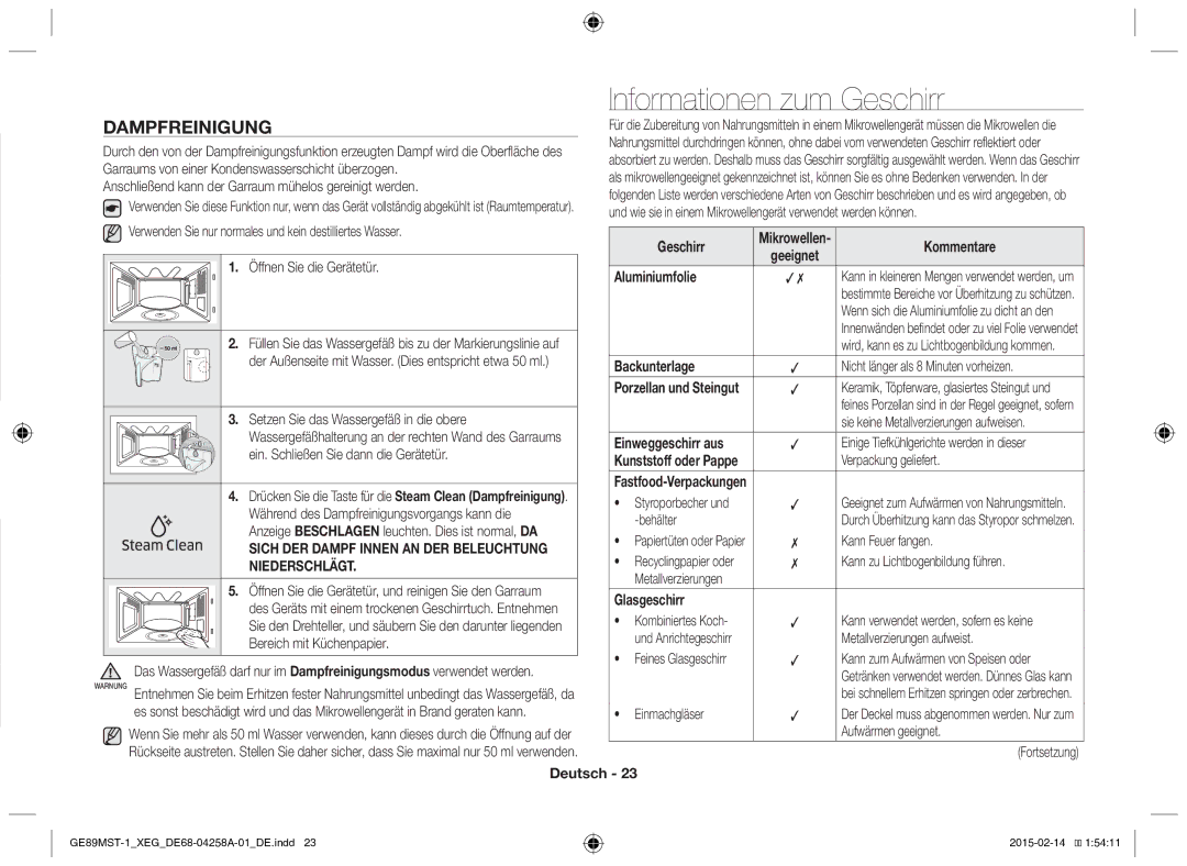 Samsung GE89MST-1/XEG manual Informationen zum Geschirr, Dampfreinigung 