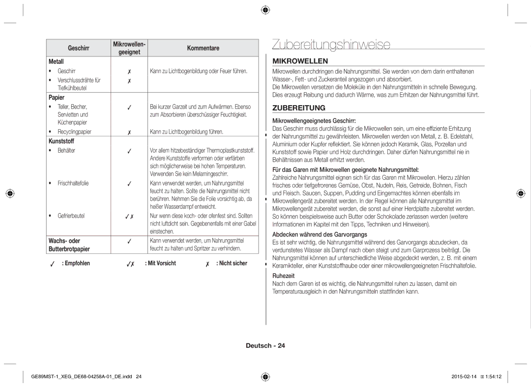 Samsung GE89MST-1/XEG manual Zubereitungshinweise, Mikrowellen 