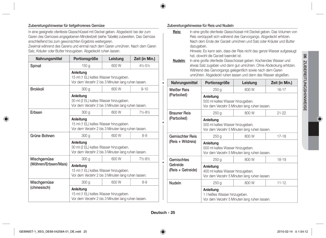 Samsung GE89MST-1/XEG manual Nahrungsmittel, Leistung Zeit in Min 