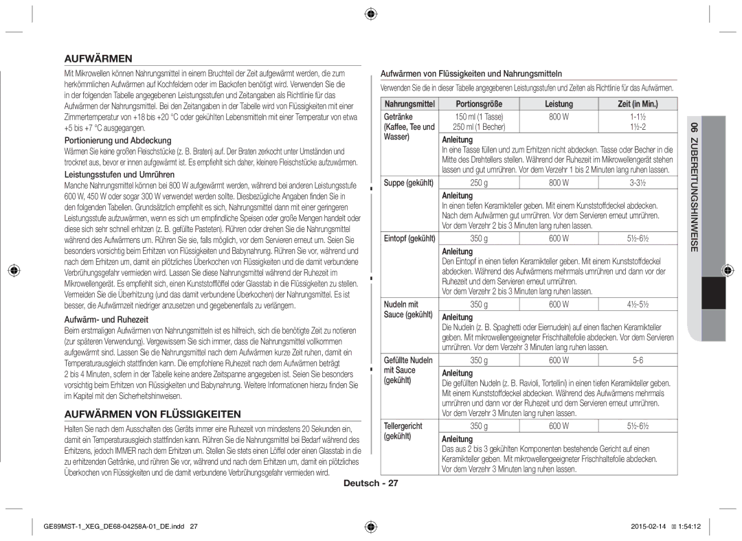 Samsung GE89MST-1/XEG manual Aufwärmen VON Flüssigkeiten 