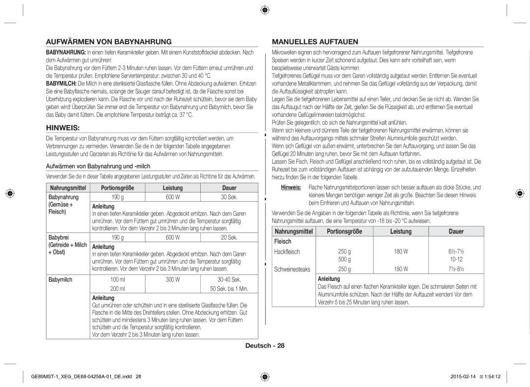 Samsung GE89MST-1/XEG manual Aufwärmen VON Babynahrung, Hinweis, Manuelles Auftauen, Leistung Dauer 