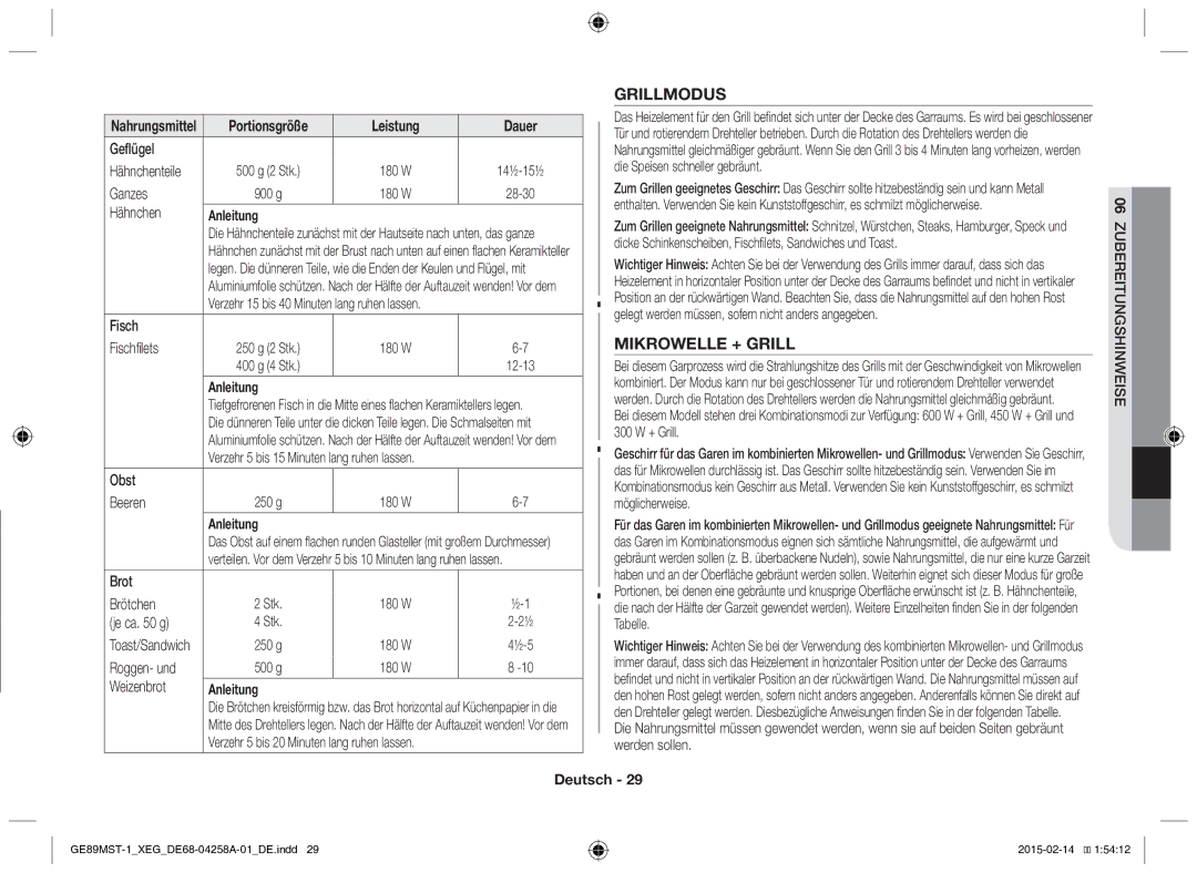 Samsung GE89MST-1/XEG manual Grillmodus, Mikrowelle + Grill 