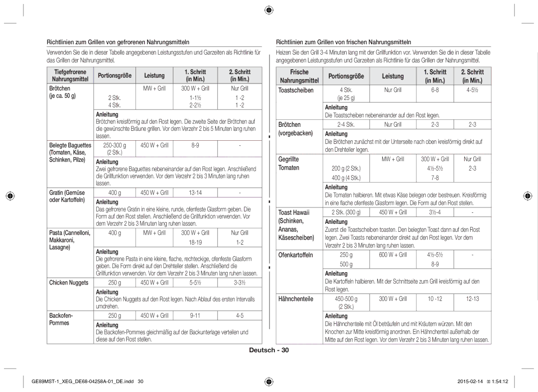 Samsung GE89MST-1/XEG manual Frische 