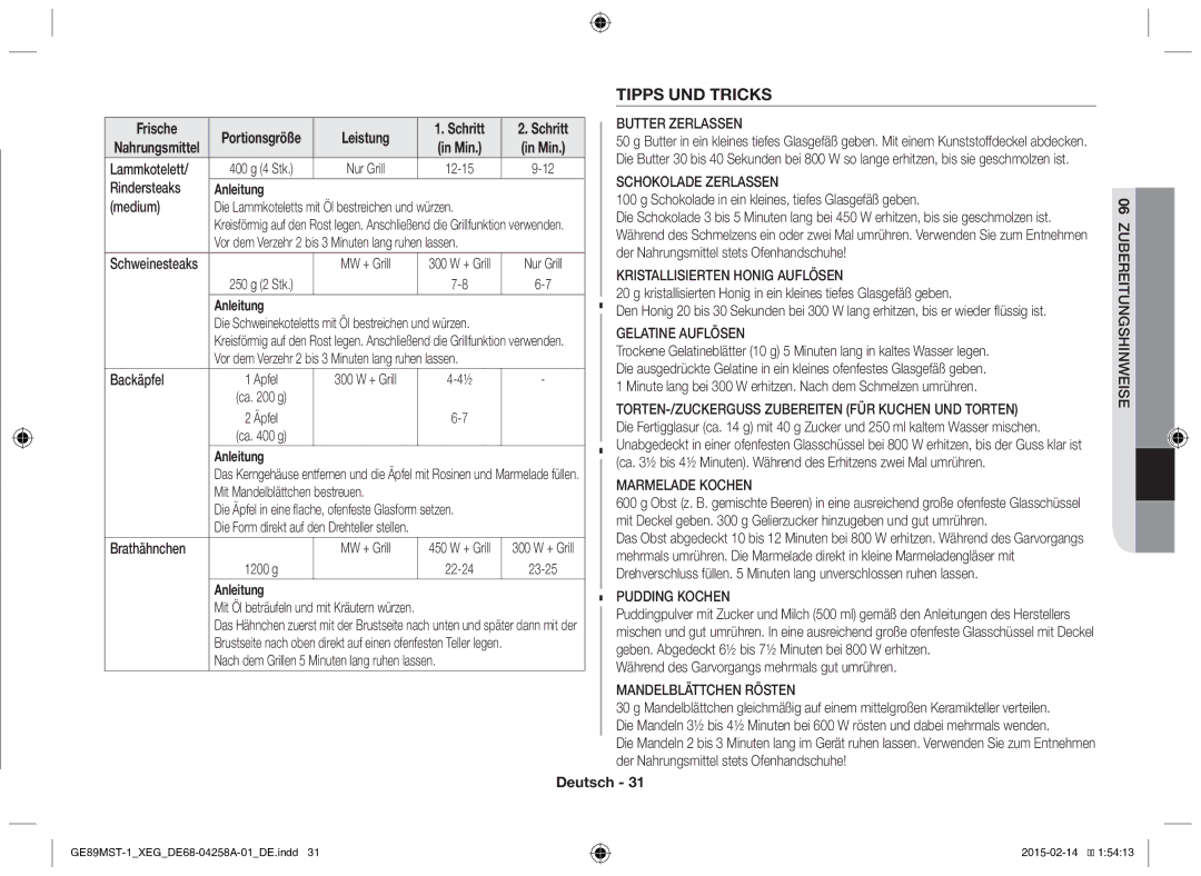 Samsung GE89MST-1/XEG manual Tipps UND Tricks, Leistung Schritt 