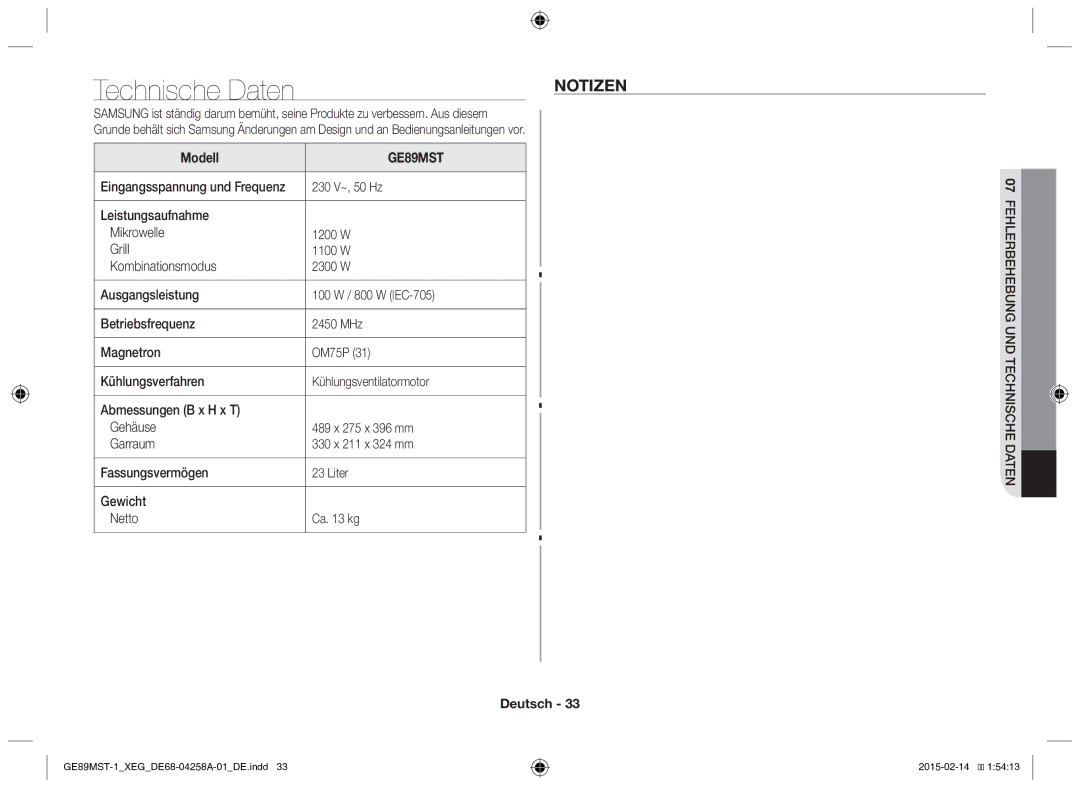 Samsung GE89MST-1/XEG manual Notizen, Modell 