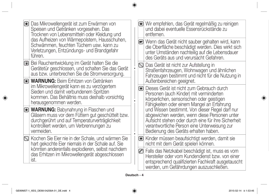 Samsung GE89MST-1/XEG manual GE89MST-1XEGDE68-04258A-01DE.indd 2015-02-14 