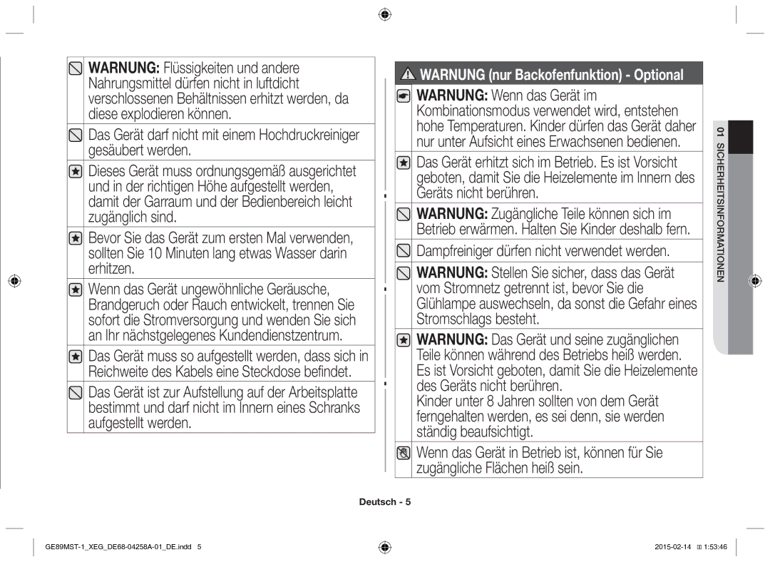 Samsung GE89MST-1/XEG manual Warnung nur Backofenfunktion Optional 