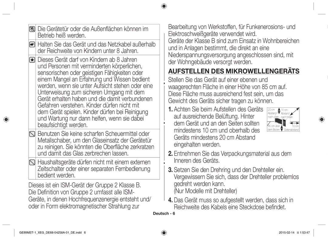 Samsung GE89MST-1/XEG manual Aufstellen DES Mikrowellengeräts 