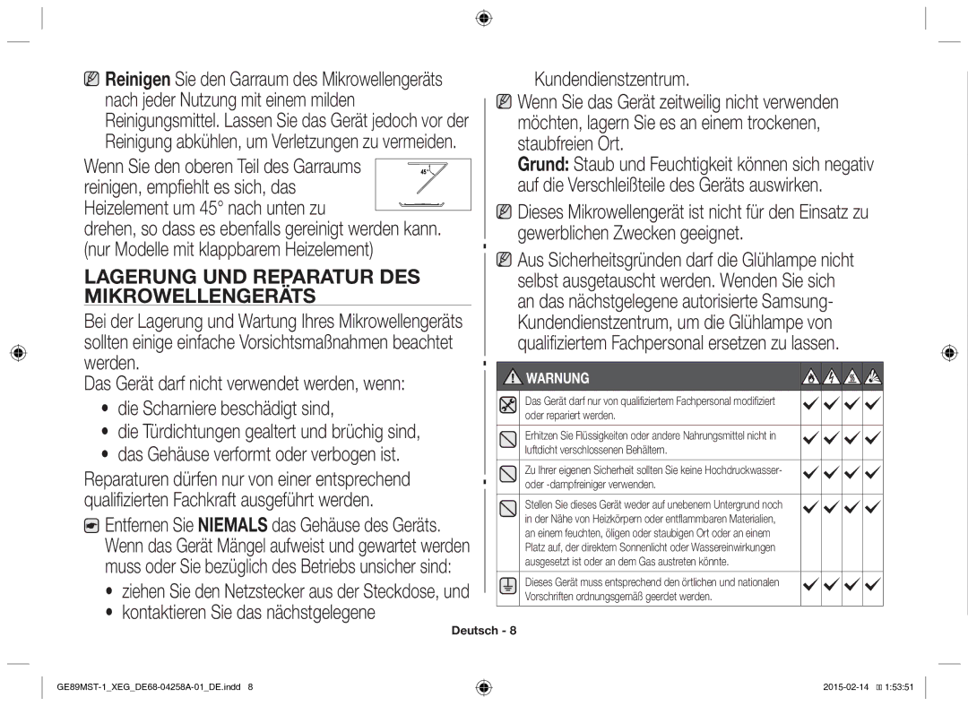 Samsung GE89MST-1/XEG manual Lagerung UND Reparatur DES Mikrowellengeräts 