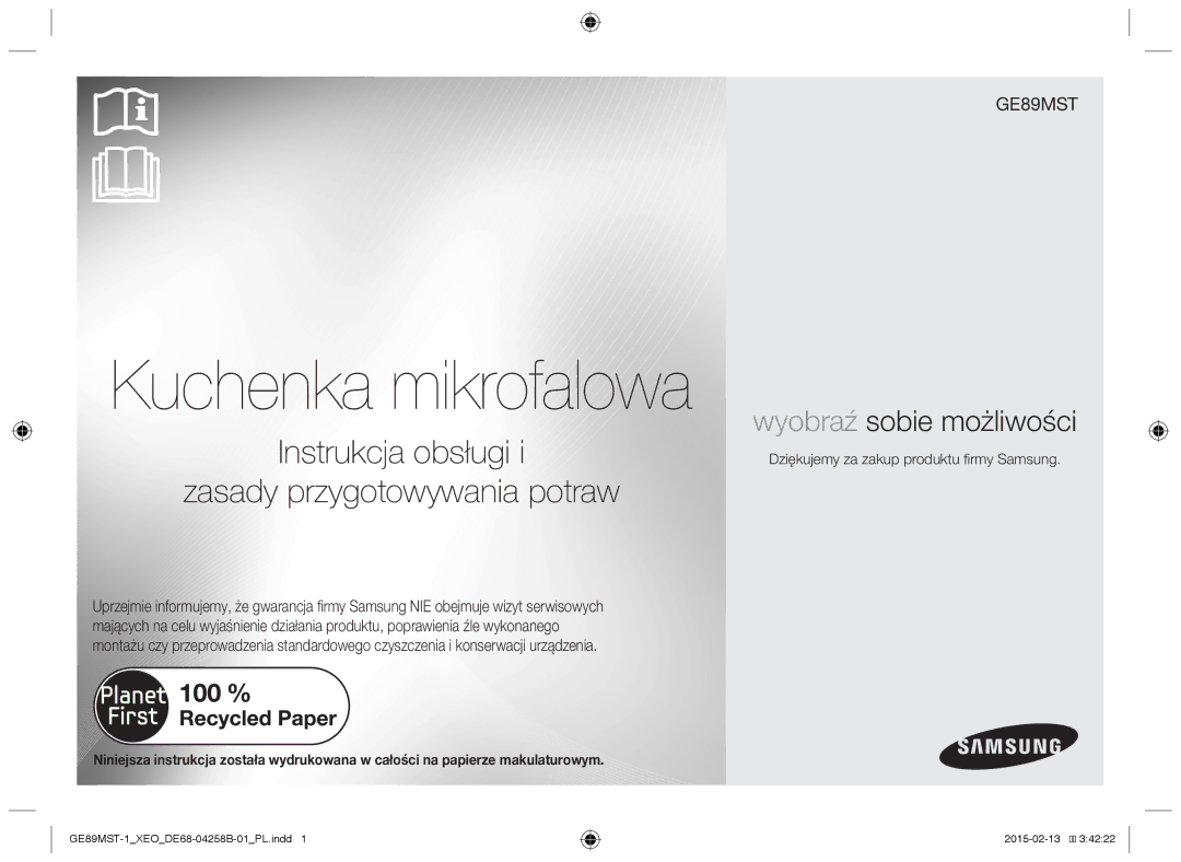 Samsung GE89MST-1/XEG manual Kuchenka mikrofalowa, Dziękujemy za zakup produktu firmy Samsung 