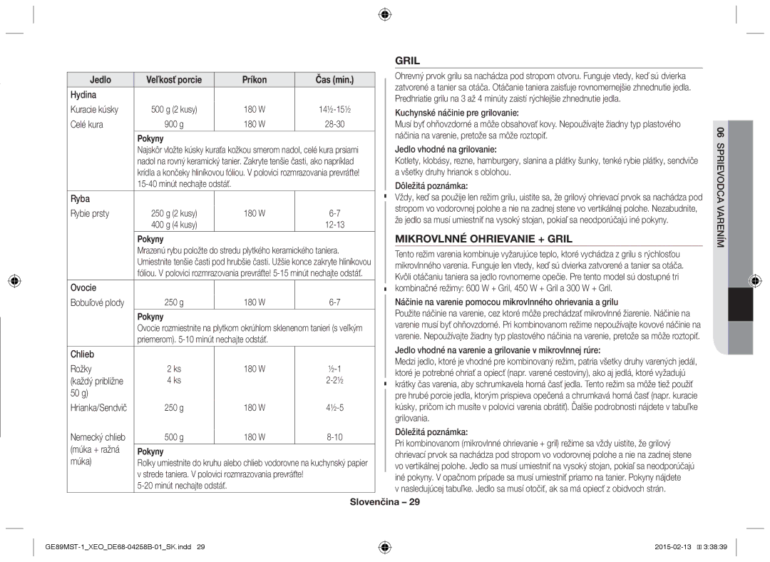 Samsung GE89MST-1/XEG manual Mikrovlnné Ohrievanie + Gril 