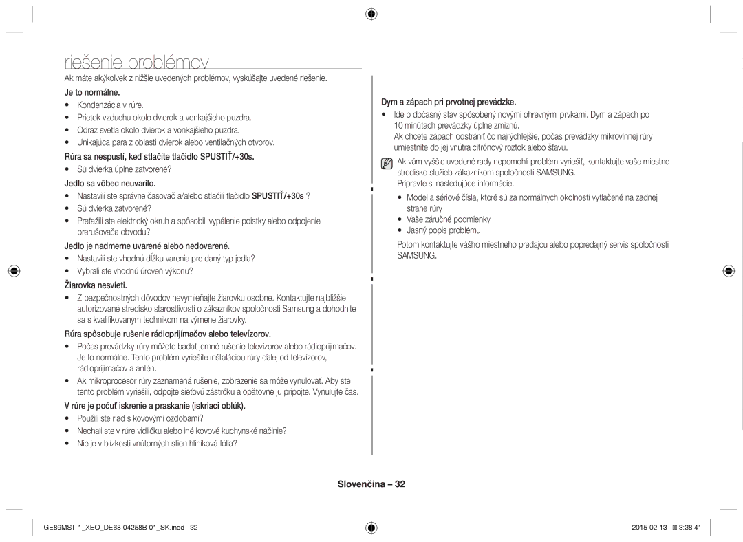 Samsung GE89MST-1/XEG manual Riešenie problémov, Samsung 