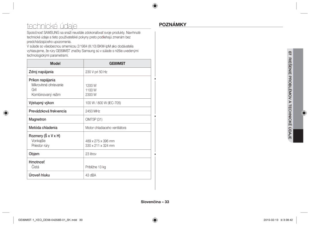 Samsung GE89MST-1/XEG manual Poznámky, Roblémov a 07Riešenie ptechnické údaje 