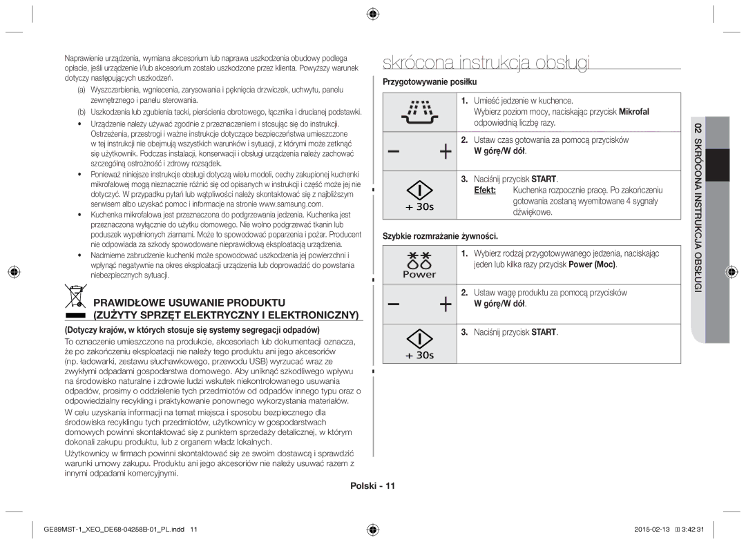 Samsung GE89MST-1/XEG manual Skrócona instrukcja obsługi, Przygotowywanie posiłku, Górę/W dół, Szybkie rozmrażanie żywności 