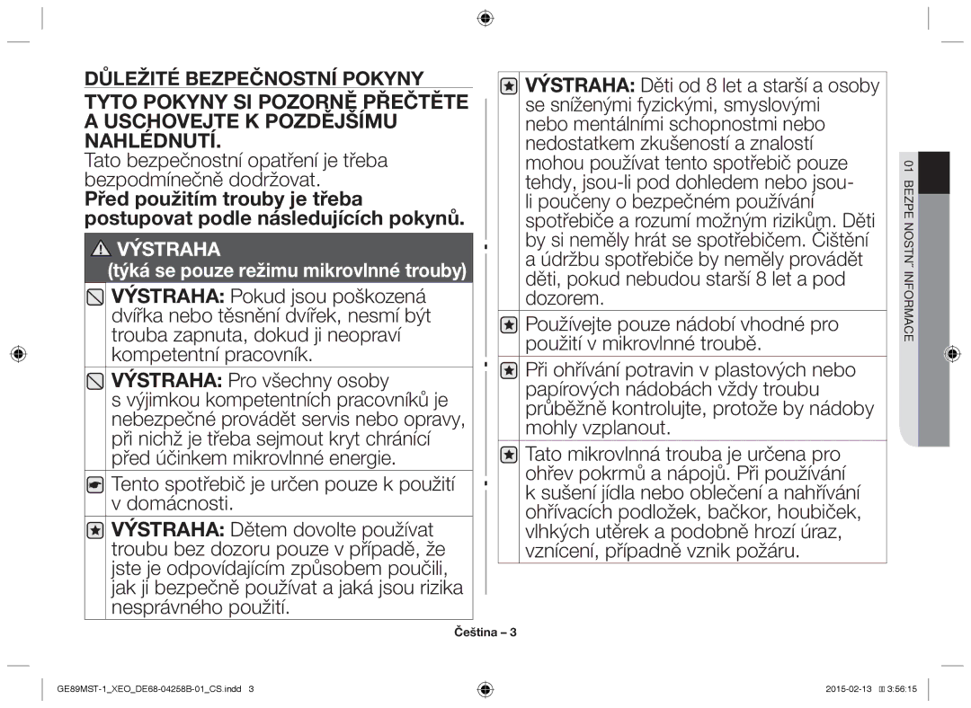 Samsung GE89MST-1/XEG manual Tato bezpečnostní opatření je třeba bezpodmínečně dodržovat, 01bezpečnostní informace 