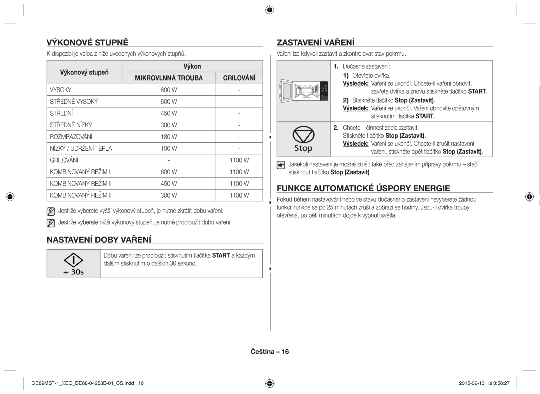 Samsung GE89MST-1/XEG manual Výkonové stupně, Nastavení doby vaření, Zastavení vaření, Funkce automatické úspory energie 