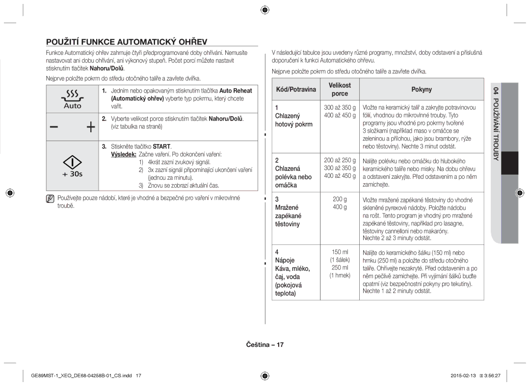 Samsung GE89MST-1/XEG manual Použití funkce automatický ohřev, Automatický ohřev vyberte typ pokrmu, který chcete vařit 