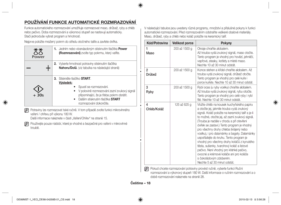 Samsung GE89MST-1/XEG manual Používání funkce automatické rozmrazování, Výsledek, Kód/Potravina Velikost porce 