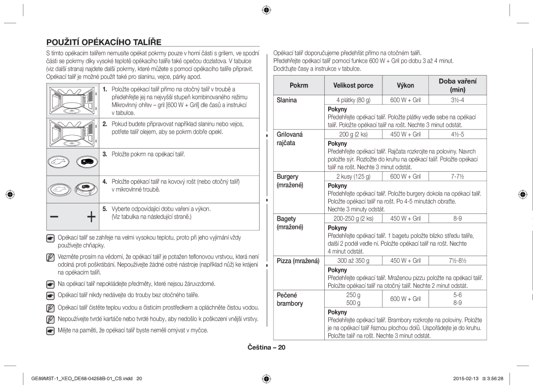 Samsung GE89MST-1/XEG manual Použití opékacího talíře, Pokrm, Výkon Doba vaření 