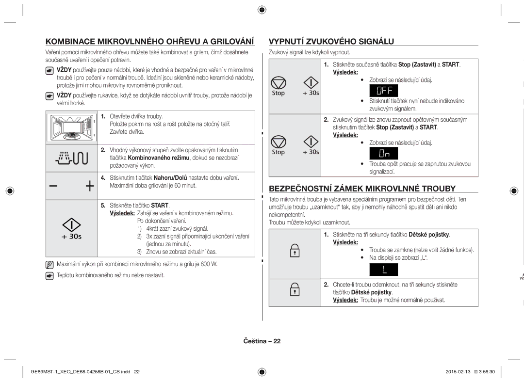 Samsung GE89MST-1/XEG manual Kombinace mikrovlnného ohřevu a grilování, Vypnutí zvukového signálu, Tlačítko Dětské pojistky 