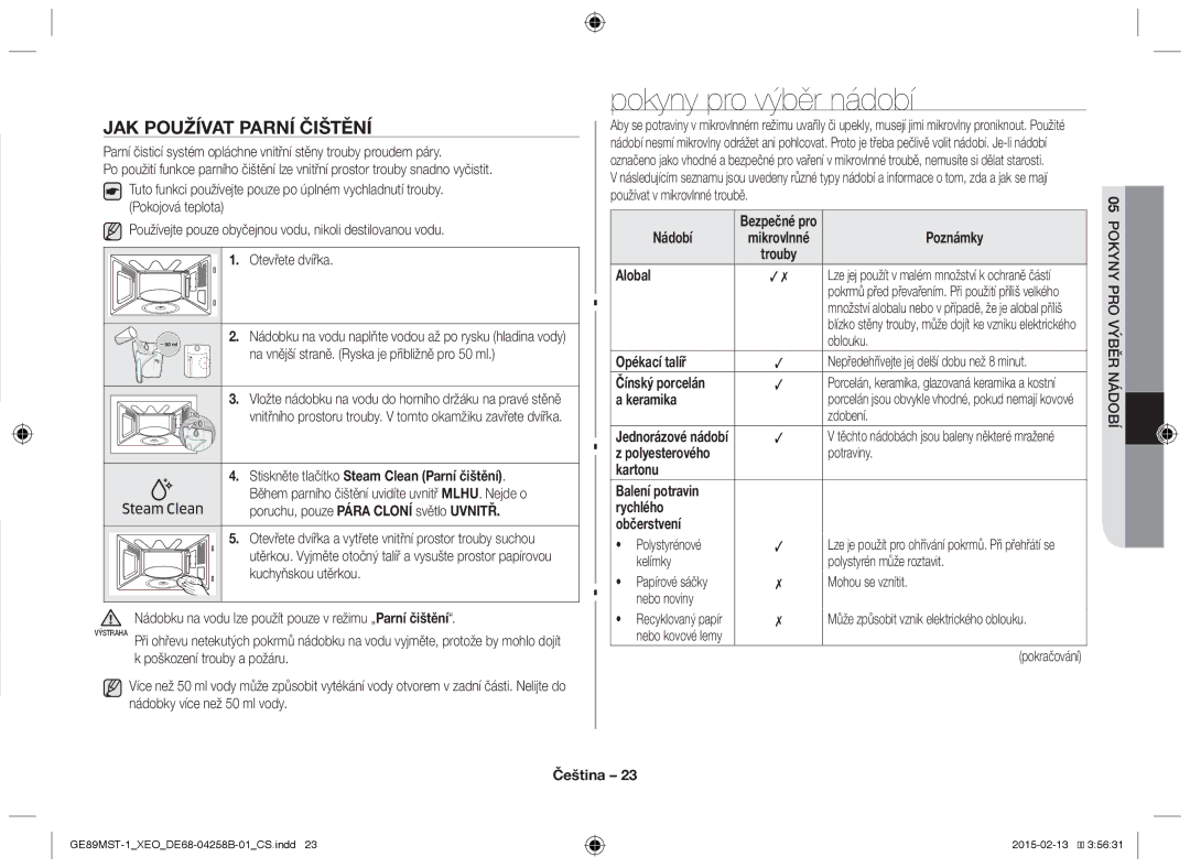 Samsung GE89MST-1/XEG manual Pokyny pro výběr nádobí, Jak používat parní čištění 