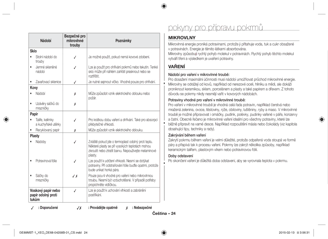 Samsung GE89MST-1/XEG manual Pokyny pro přípravu pokrmů, Mikrovlny, Vaření 