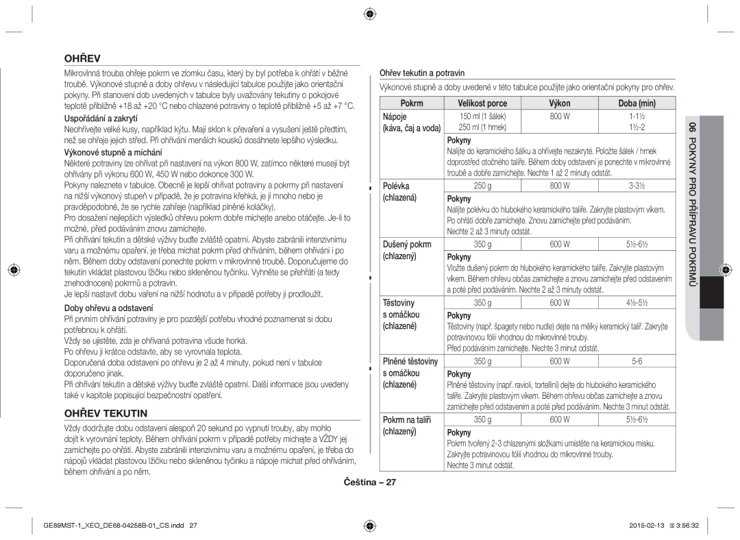 Samsung GE89MST-1/XEG manual Ohřev Tekutin, 06POKYNY PRO Přípravu Pokrmů 