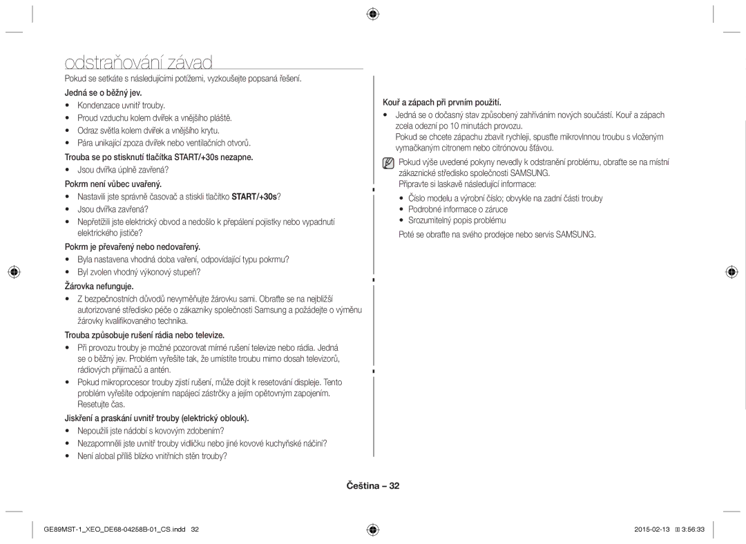 Samsung GE89MST-1/XEG manual Odstraňování závad 