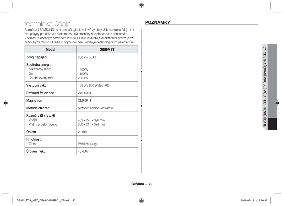 Samsung GE89MST-1/XEG manual Poznámky, 07Odstraň oblémů a vání prtechnické údaje 