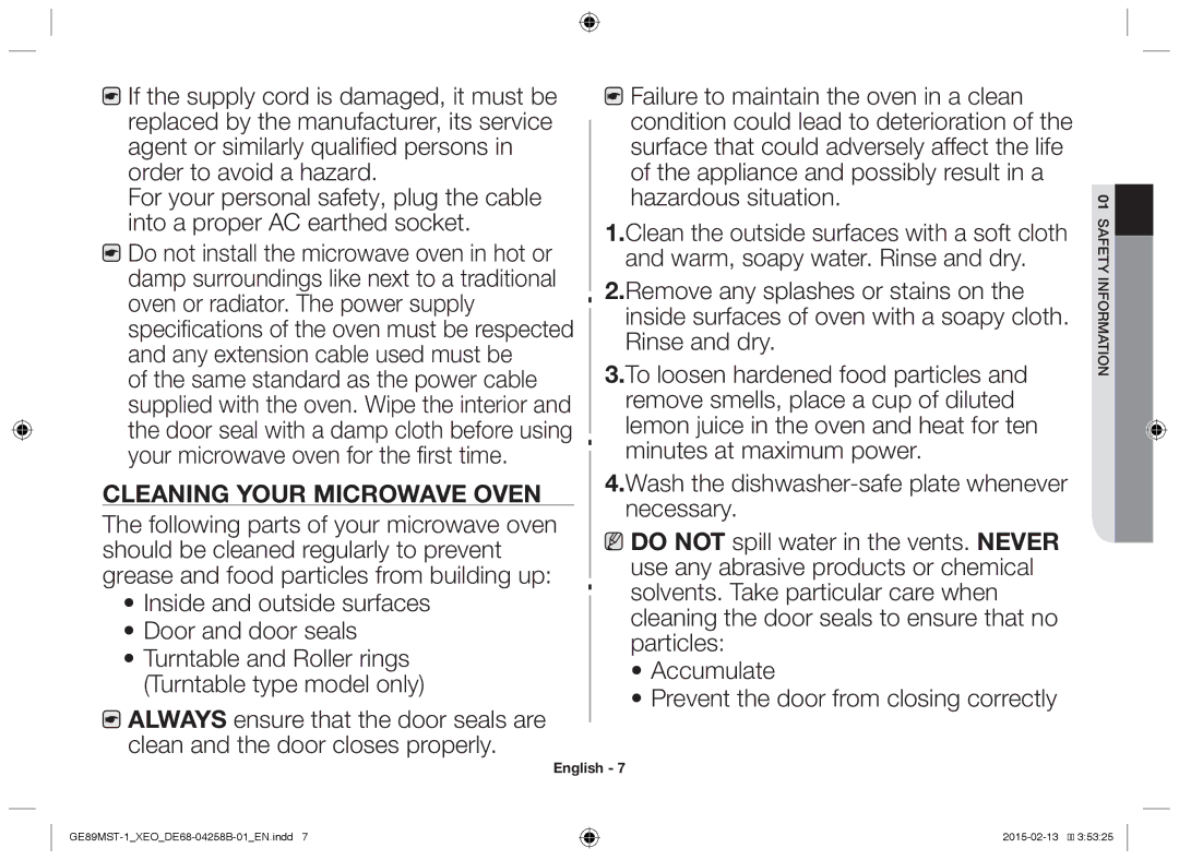 Samsung GE89MST-1/XEG manual Cleaning your microwave oven 