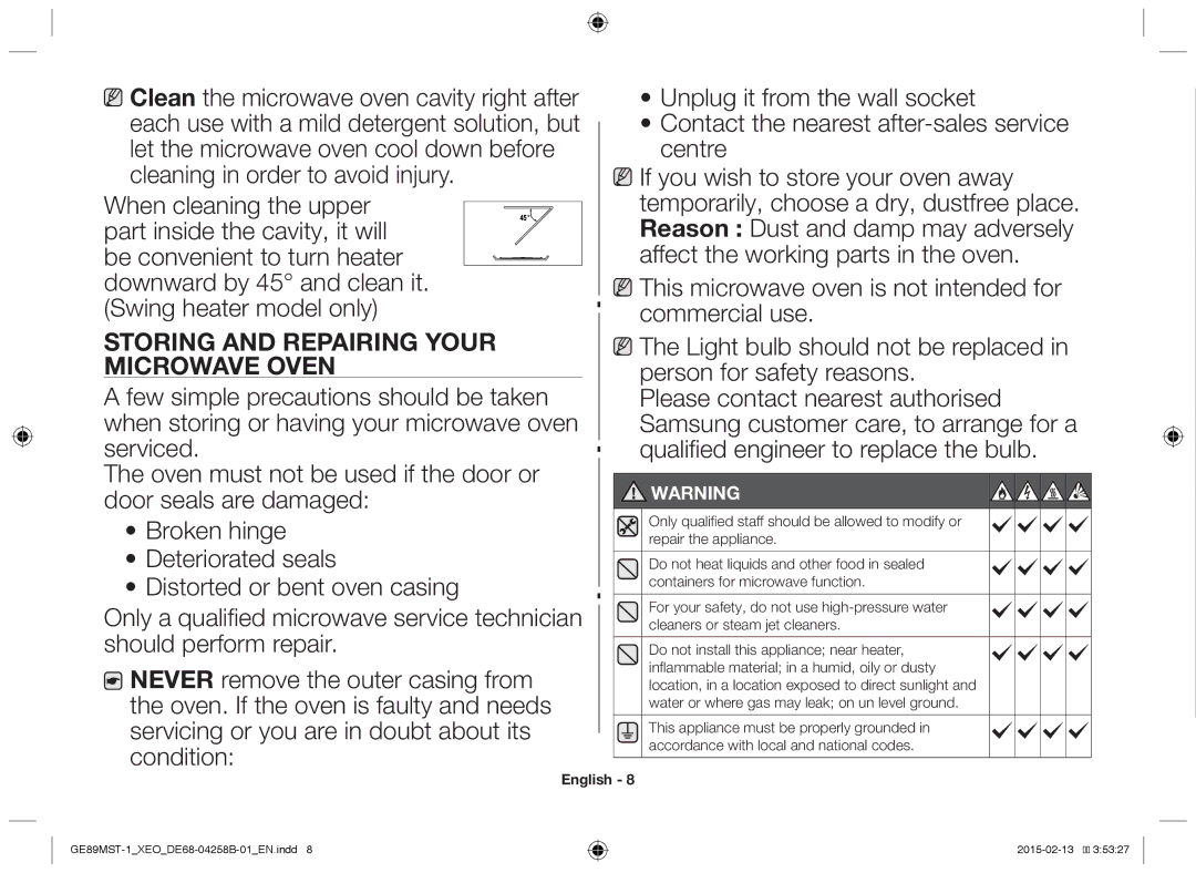 Samsung GE89MST-1/XEG manual Storing and repairing your microwave oven 