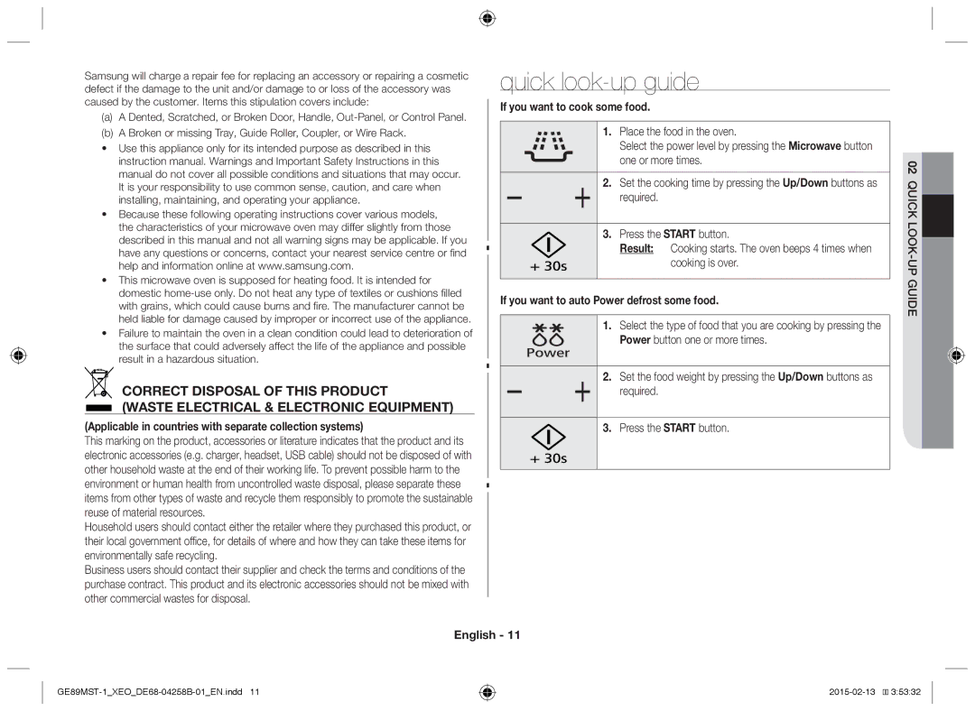 Samsung GE89MST-1/XEG Quick look-up guide, Applicable in countries with separate collection systems, 02QUICK LOOK-UP Guide 