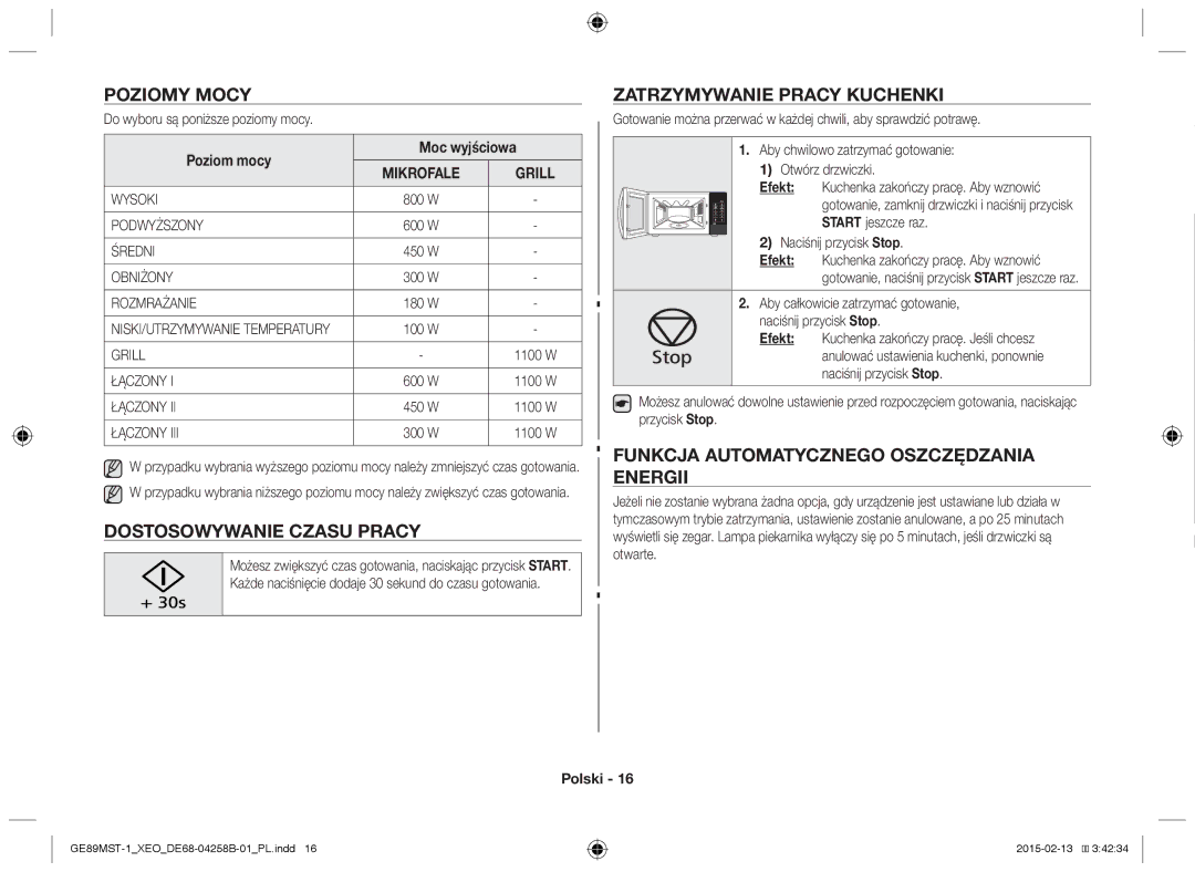 Samsung GE89MST-1/XEG Poziomy mocy, Dostosowywanie czasu pracy, Zatrzymywanie pracy kuchenki, Poziom mocy Moc wyjściowa 