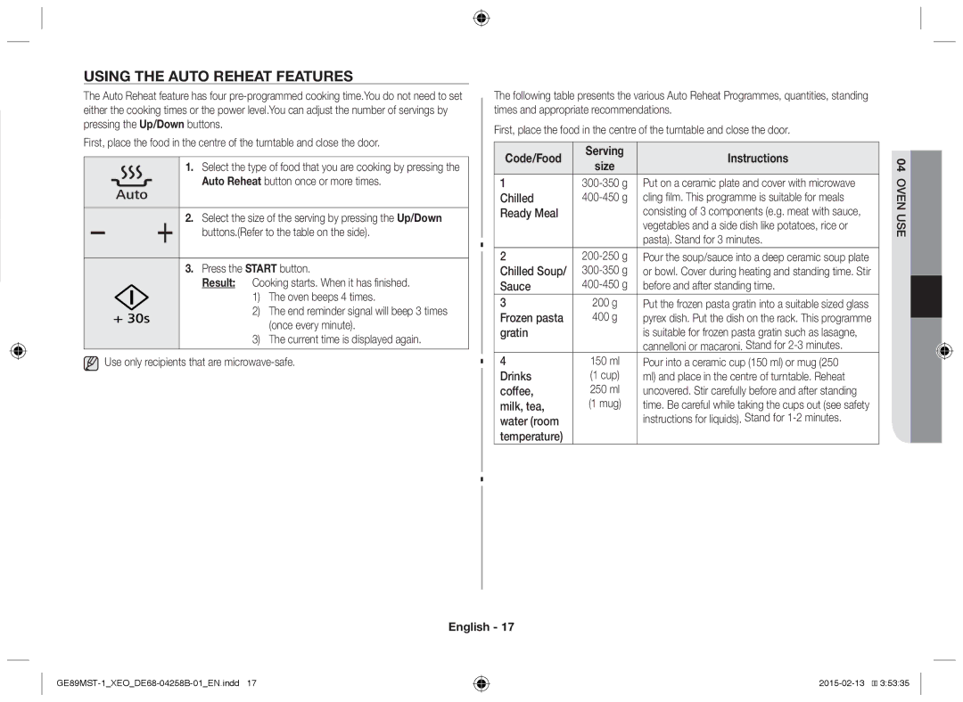 Samsung GE89MST-1/XEG manual Using the auto reheat features, Code/Food 