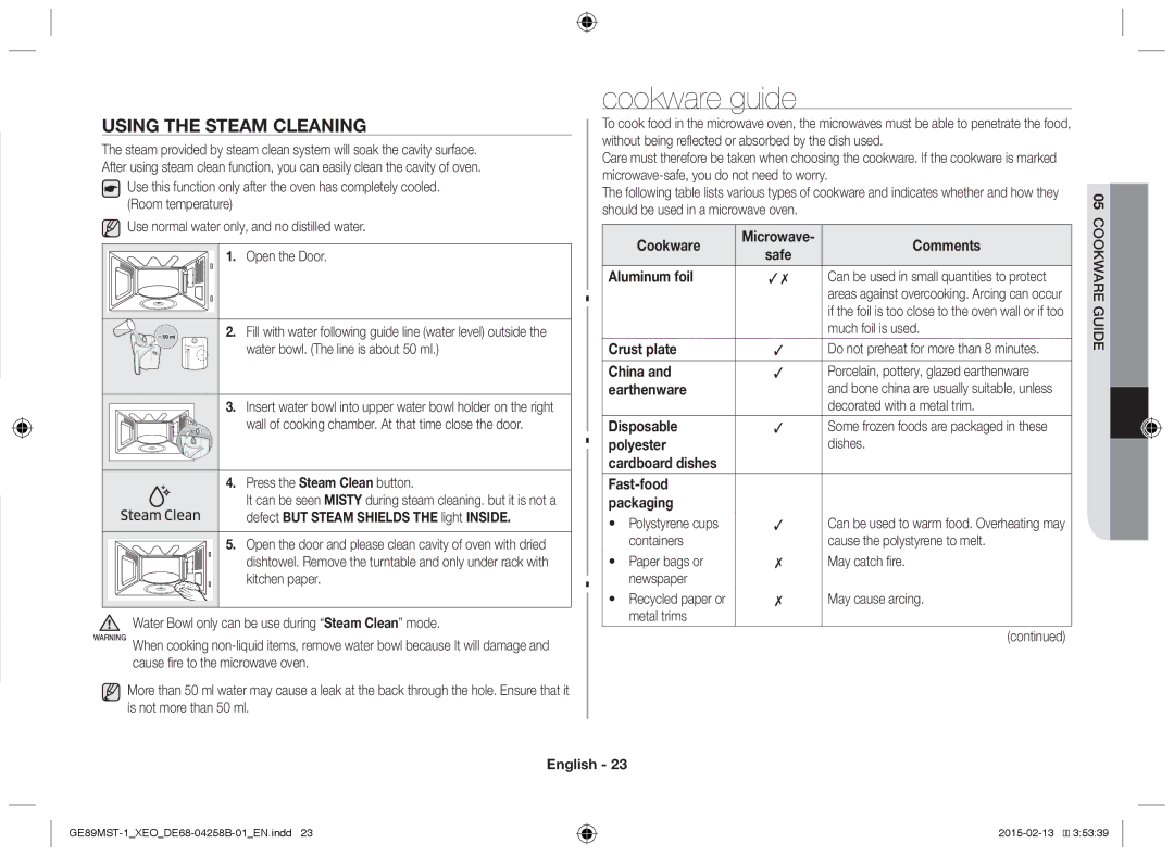 Samsung GE89MST-1/XEG manual Cookware guide, Using the steam cleaning 