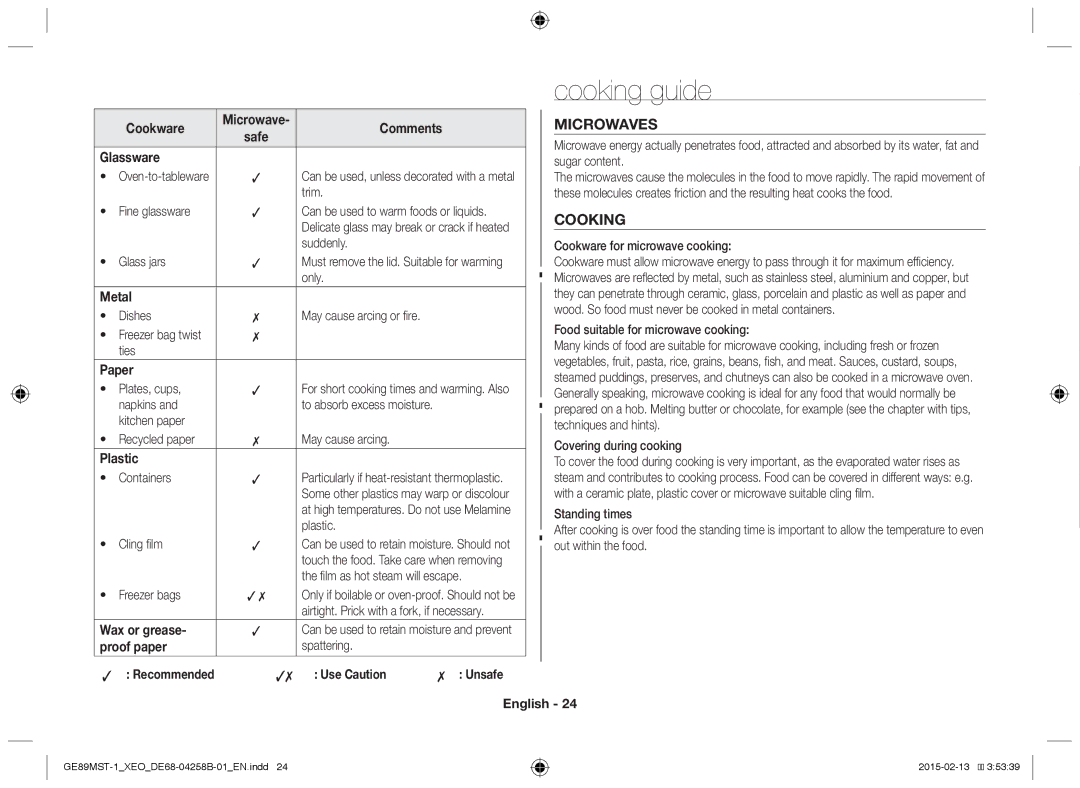 Samsung GE89MST-1/XEG manual Cooking guide, Microwaves 