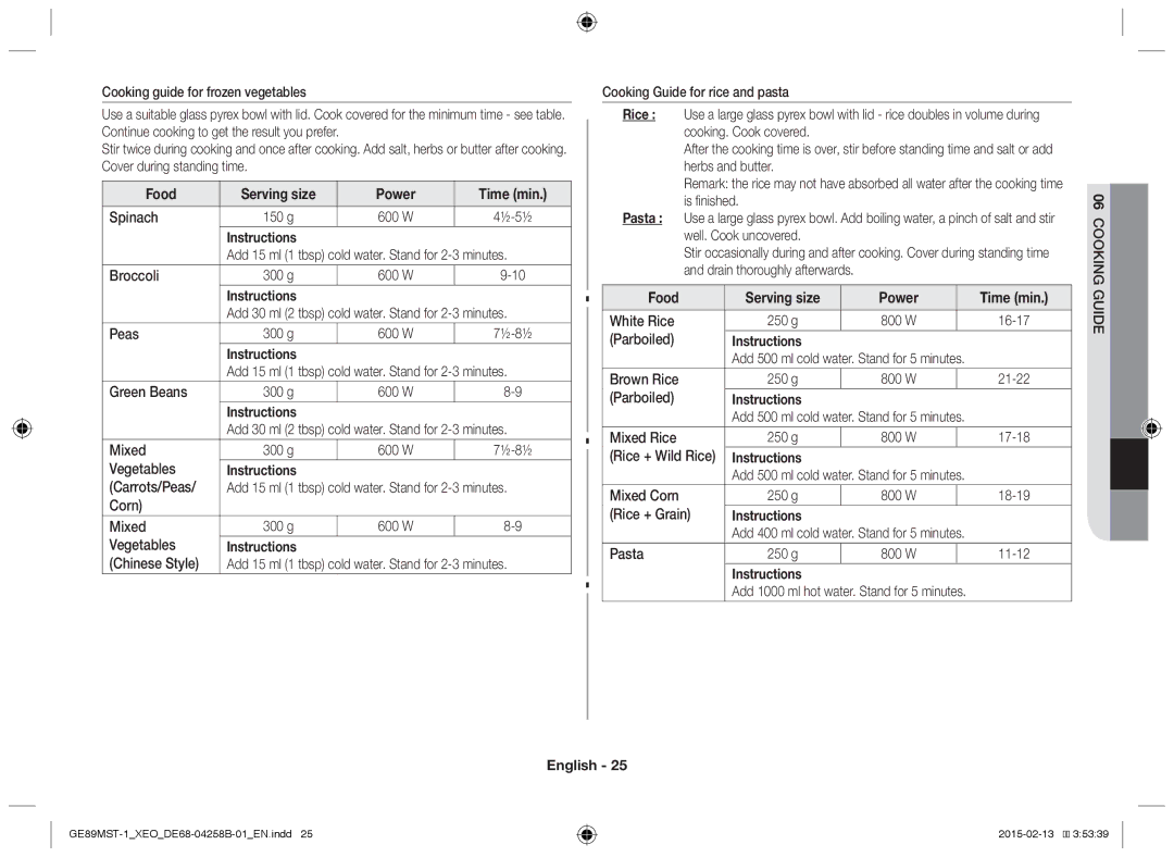 Samsung GE89MST-1/XEG manual Food Serving size Power Time min, 06COOKING Guide 