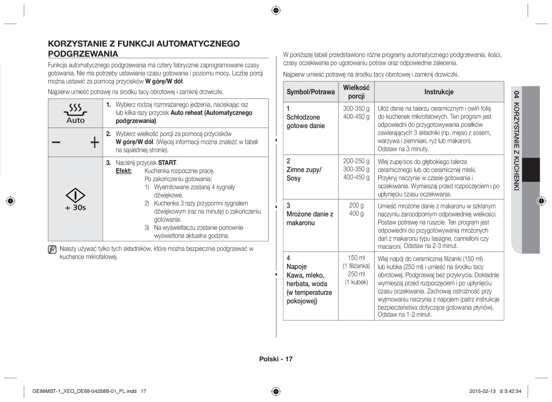 Samsung GE89MST-1/XEG manual Korzystanie z funkcji automatycznego podgrzewania, Symbol/Potrawa 