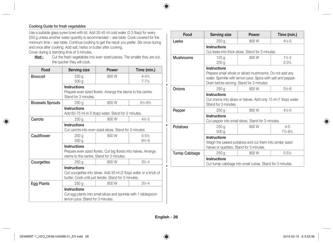 Samsung GE89MST-1/XEG Cooking Guide for fresh vegetables, Broccoli 250 g, Add 60-75 ml 4-5 tbsp water. Stand for 3 minutes 