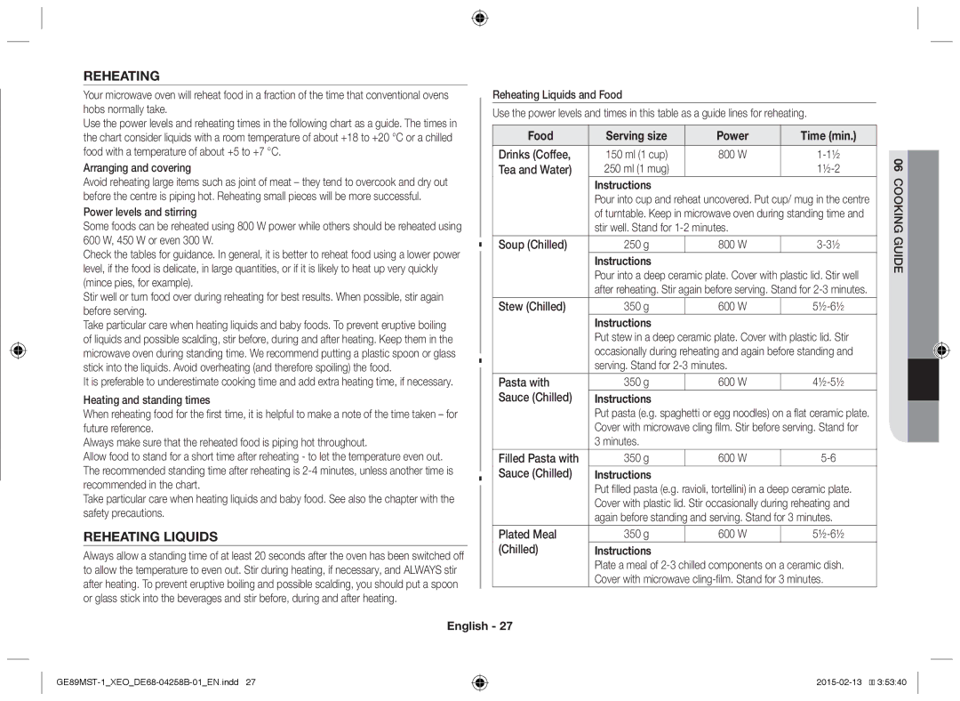 Samsung GE89MST-1/XEG manual Reheating Liquids 