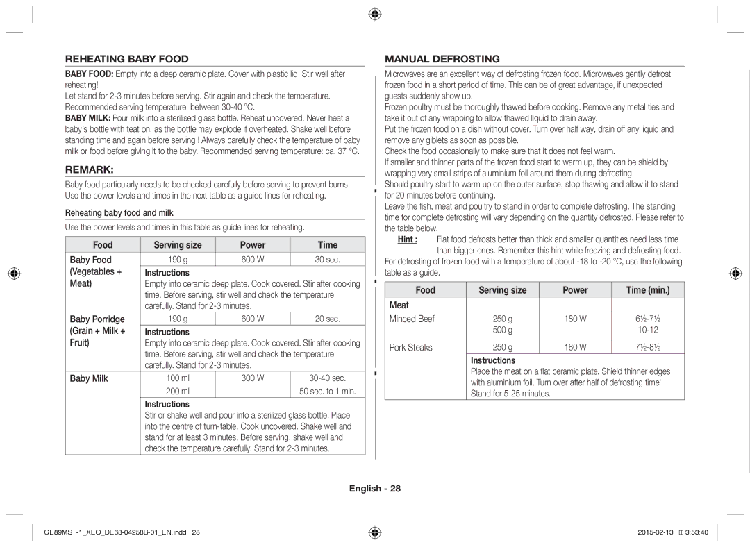 Samsung GE89MST-1/XEG manual Reheating Baby Food, Remark, Manual Defrosting, Food Serving size Power Time 