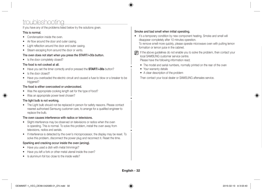 Samsung GE89MST-1/XEG manual Troubleshooting 