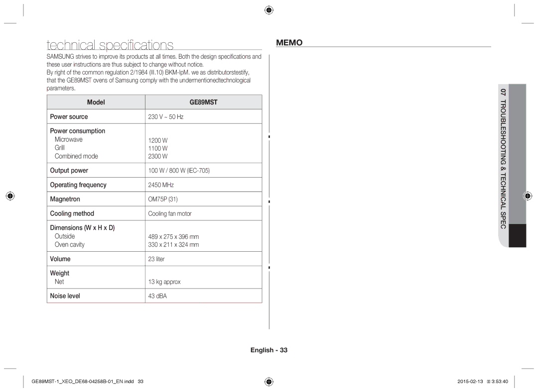 Samsung GE89MST-1/XEG manual Technical specifications, Memo, Parameters, 07Troubleshoo ting & Technical spec 