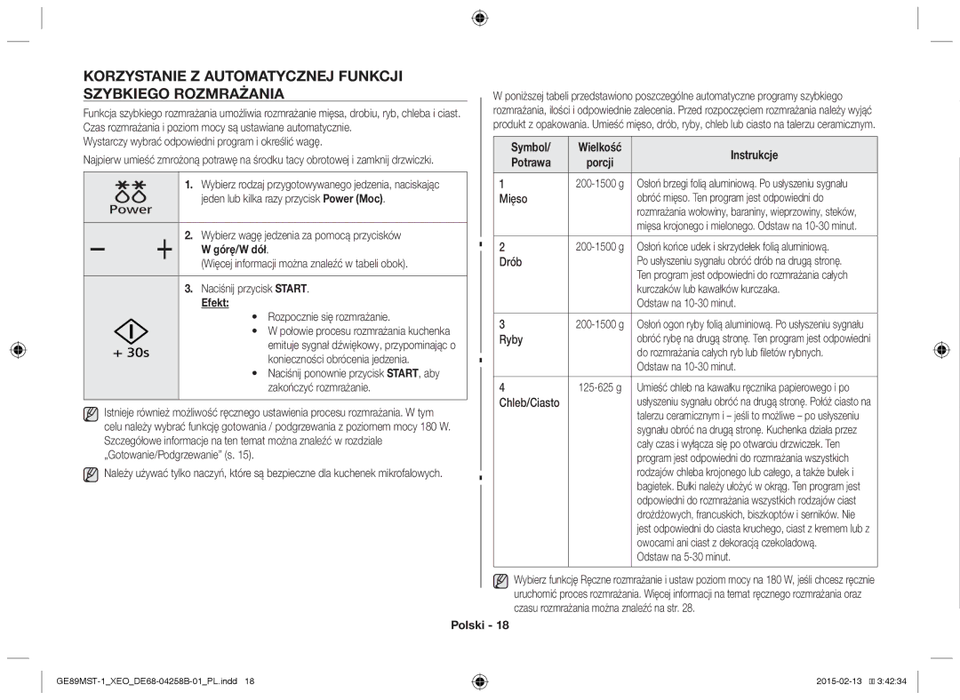 Samsung GE89MST-1/XEG manual Korzystanie z automatycznej funkcji szybkiego rozmrażania, Symbol, Potrawa 