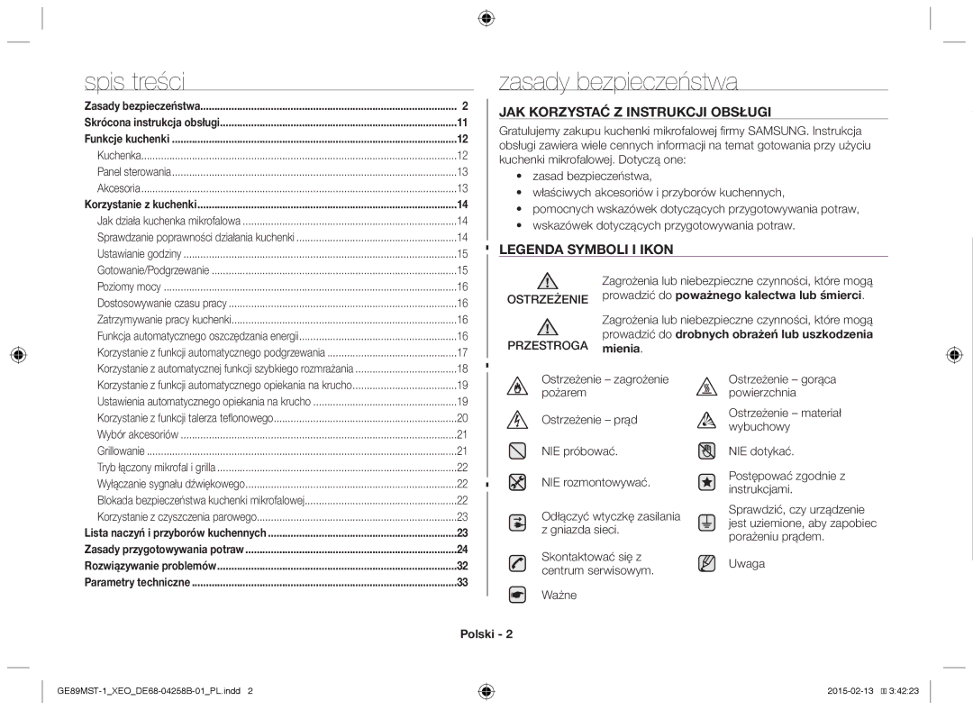 Samsung GE89MST-1/XEG manual Spis treści, Zasady bezpieczeństwa, Ostrzeżenie Przestroga, Ważne, Polski 