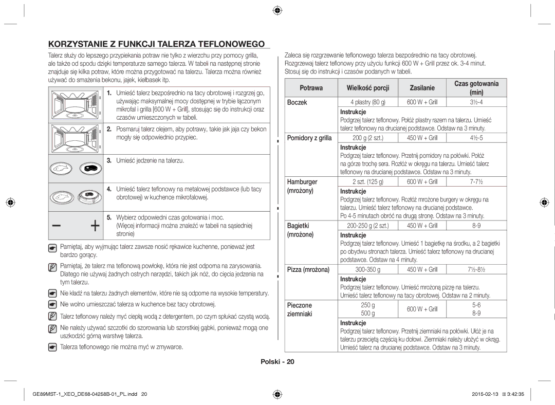 Samsung GE89MST-1/XEG manual Korzystanie z funkcji talerza teflonowego, Zasilanie 